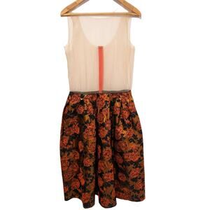 MS MIN Volume Dress Sheer & Rose Floral Jacquard Orange Navy Blue